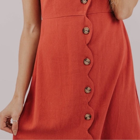 NWT Roolee Scalloped Linen Blend Button Down Red Pink Short Sleeve Dress… - Picture 3 of 11